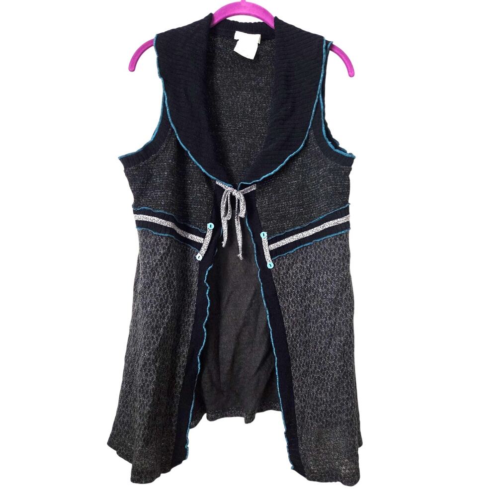 Vintage Zoe 90s Y2K Gray Teal Tie Front Sweater Vest Cardigan Whimsigoth Fairy